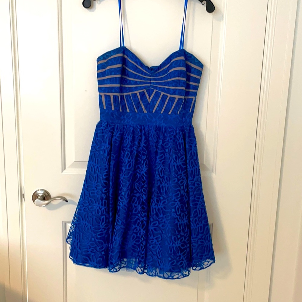 “Aqua” Lace Strapless Nude Illusion cocktail dress